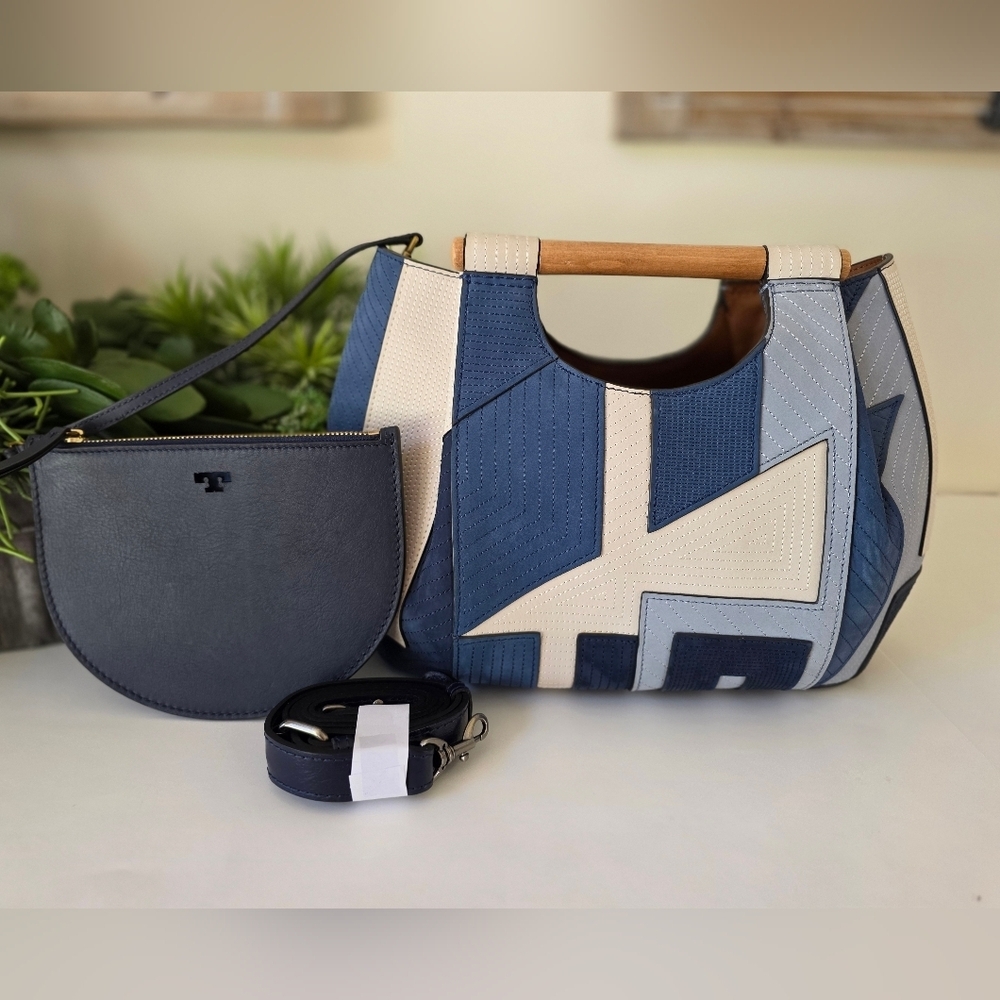 Tory Burch Rare Suede Patchwork Tote Wood Handle Navy Colorblock Pouch Crossbody
